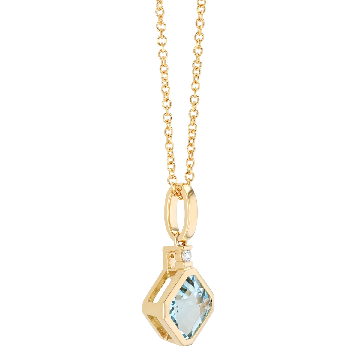 Bezel Set Asscher Cut Aquamarine & Diamond Pendant in Yellow Gold, 18