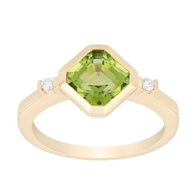 Bezel Set Asscher Cut Peridot & Diamond Ring in Yellow Gold