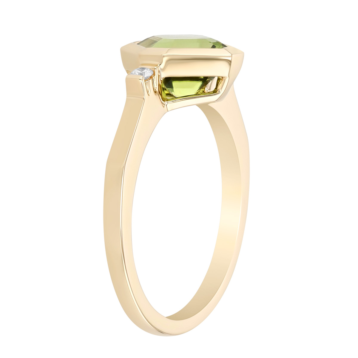 Bezel Set Asscher Cut Peridot & Diamond Ring in Yellow Gold