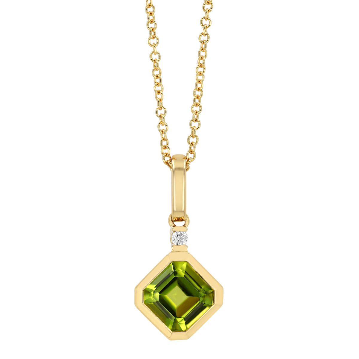 Bezel Set Asscher Cut Peridot & Diamond Pendant in Yellow Gold, 18