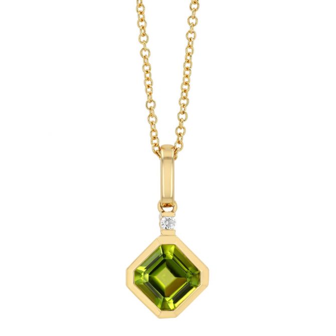 Bezel Set Asscher Cut Peridot & Diamond Pendant in Yellow Gold, 18"