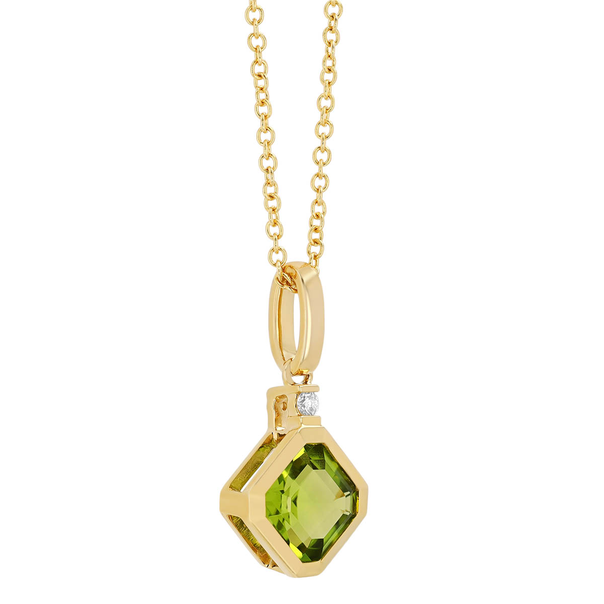 Bezel Set Asscher Cut Peridot & Diamond Pendant in Yellow Gold, 18