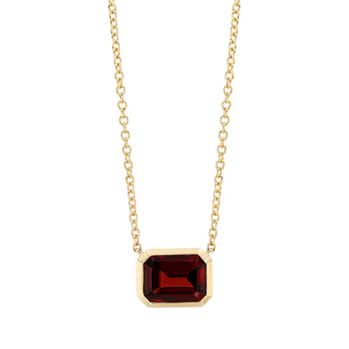 Bezel Set Emerald Cut Garnet Solitaire Pendant in Yellow Gold