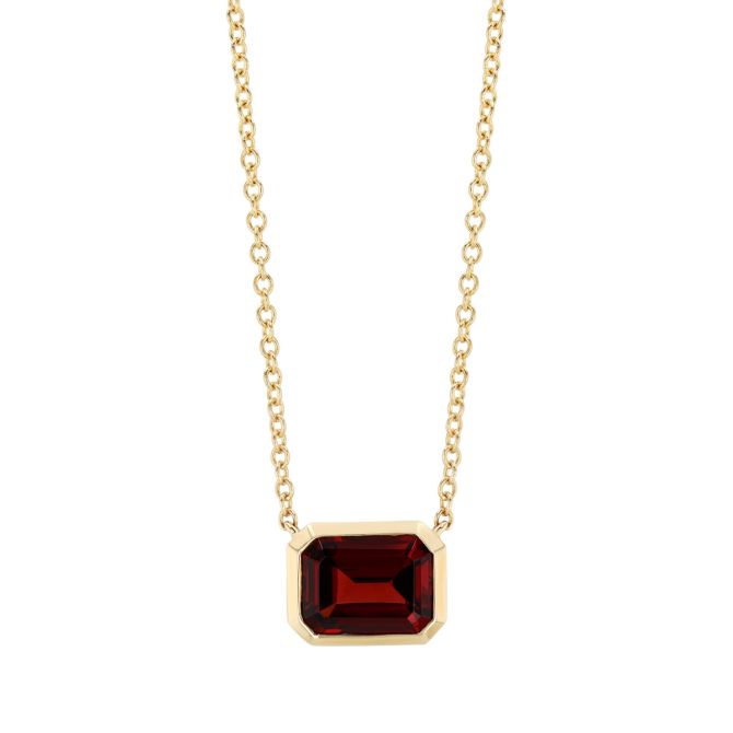 Bezel Set Emerald Cut Garnet Solitaire Pendant in Yellow Gold