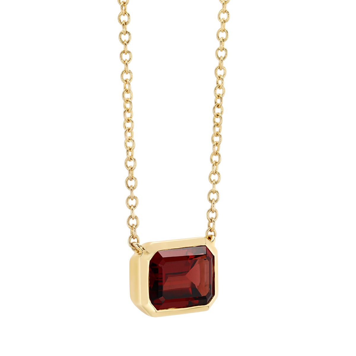 Bezel Set Emerald Cut Garnet Solitaire Pendant in Yellow Gold