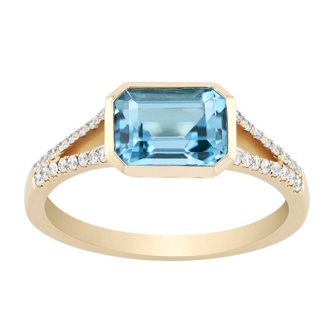 Bezel Set Emerald Cut Topaz & Diamond Split Band Ring in Yellow Gold