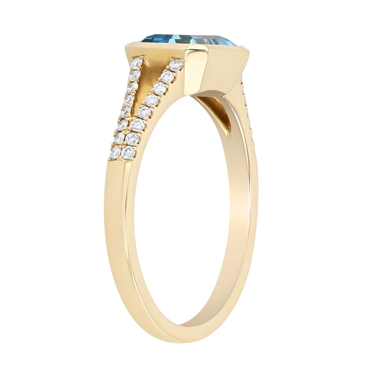 Bezel Set Emerald Cut Topaz & Diamond Split Band Ring in Yellow Gold