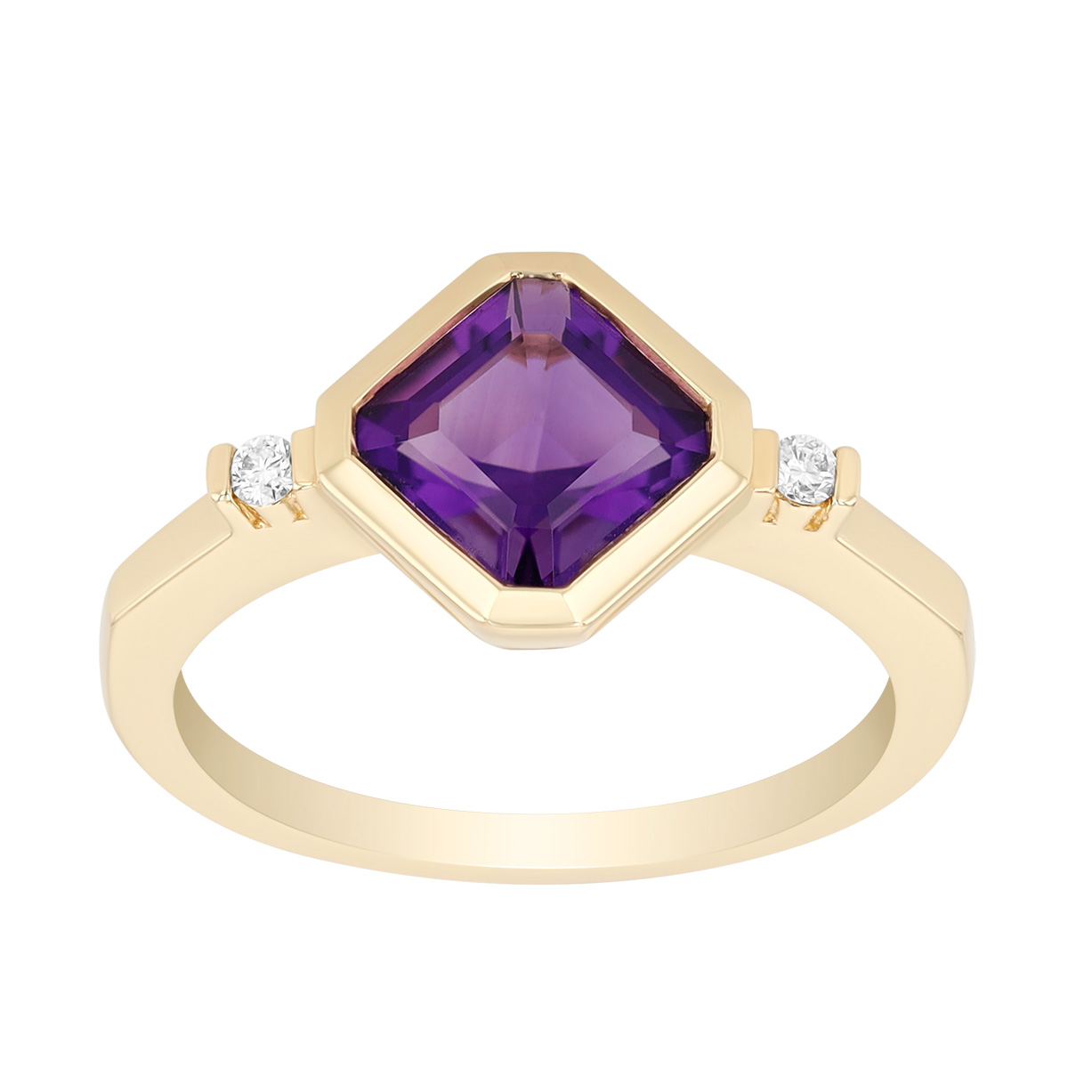 Bezel Set Asscher Cut Amethyst & Diamond Ring in Yellow Gold