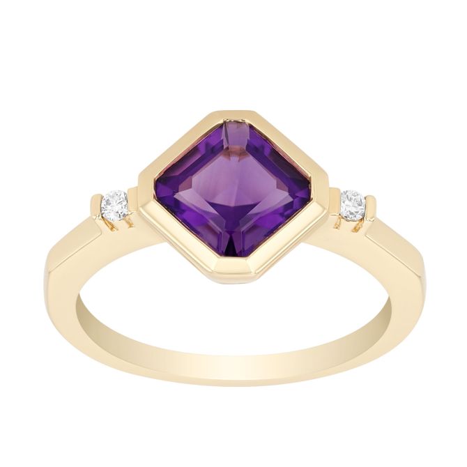 Bezel Set Asscher Cut Amethyst & Diamond Ring in Yellow Gold