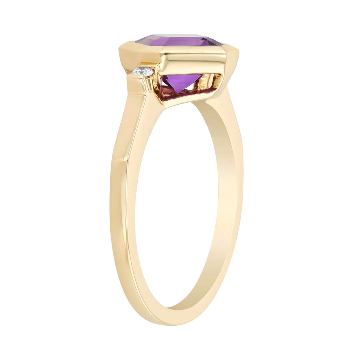 Bezel Set Asscher Cut Amethyst & Diamond Ring in Yellow Gold