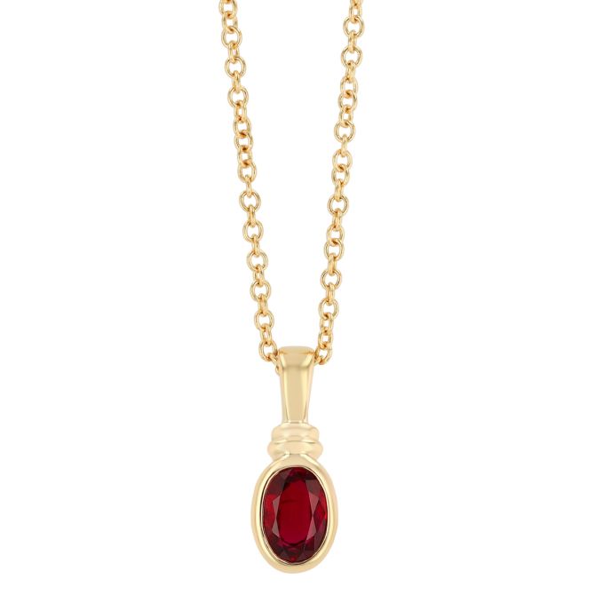 Bezel Set Oval Ruby Pendant in Yellow Gold, 18"