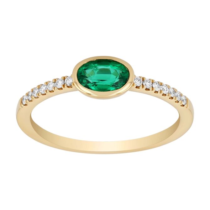 Bezel Set Oval Emerald & Diamond Ring in Yellow Gold