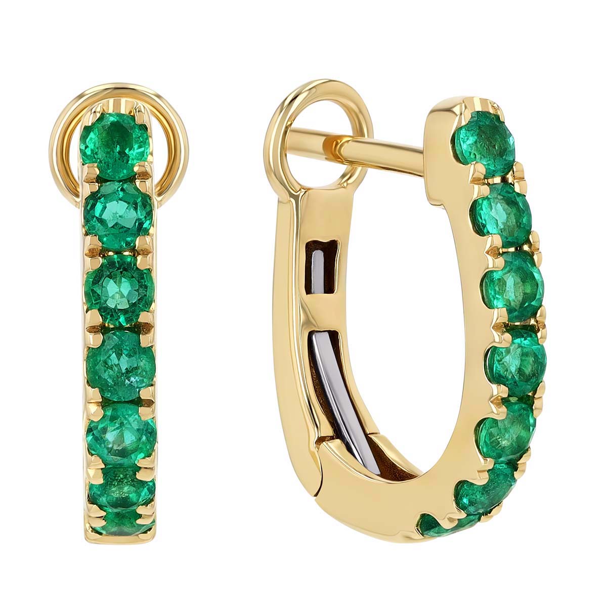 Round Emerald Huggie Hoop Earrings in Yellow Gold