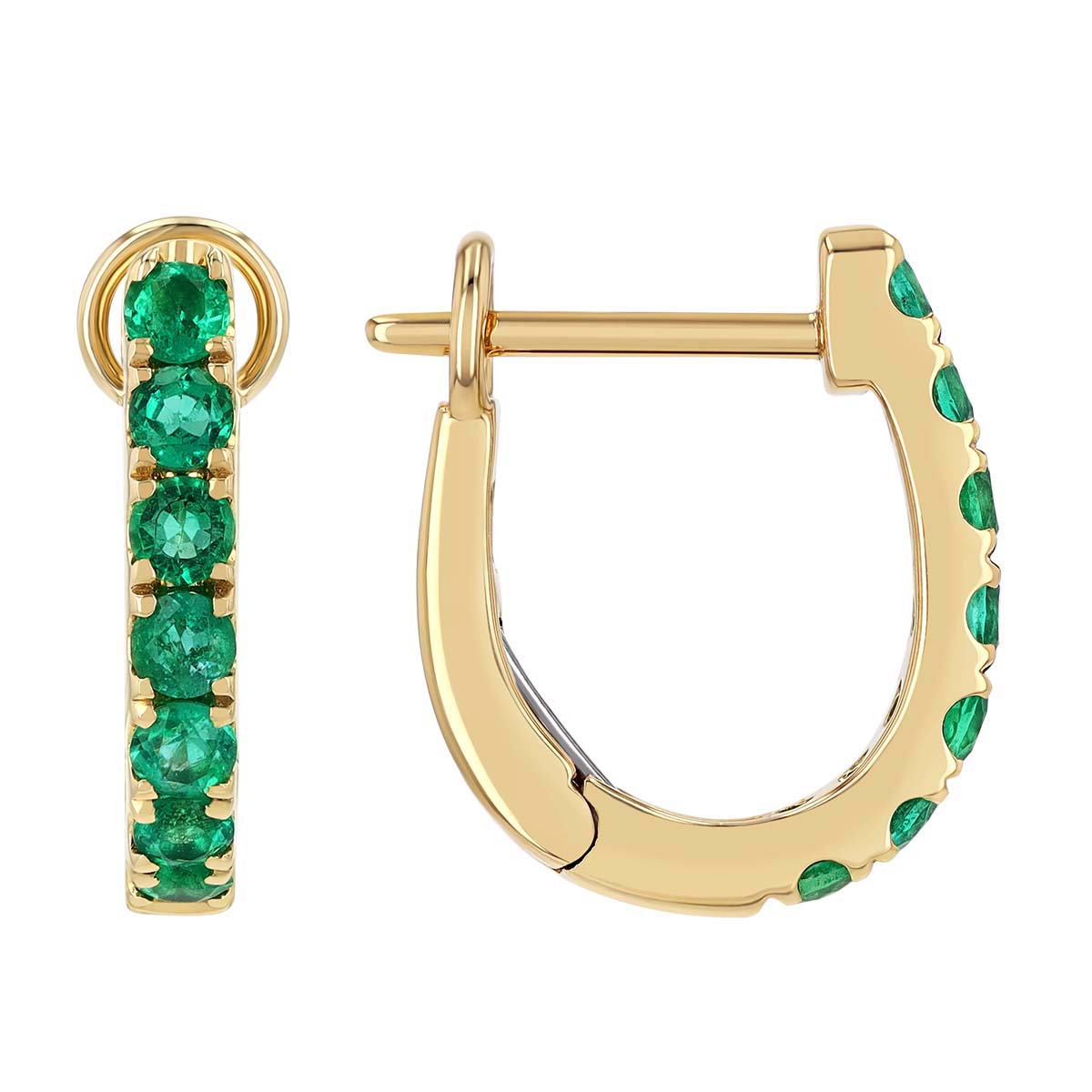 Round Emerald Huggie Hoop Earrings in Yellow Gold