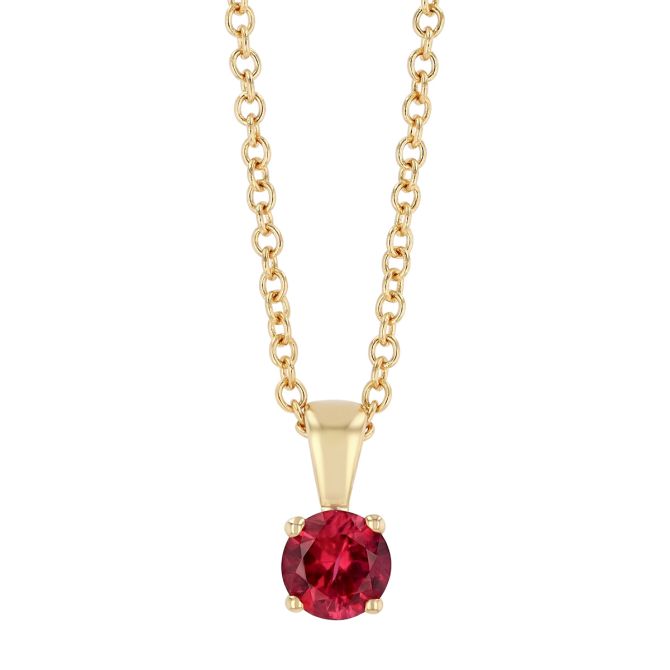 Round Ruby Solitaire Pendant in Yellow Gold, 18"