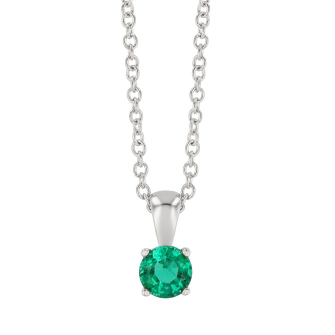 Round Emerald Solitaire Pendant in White Gold, 18"