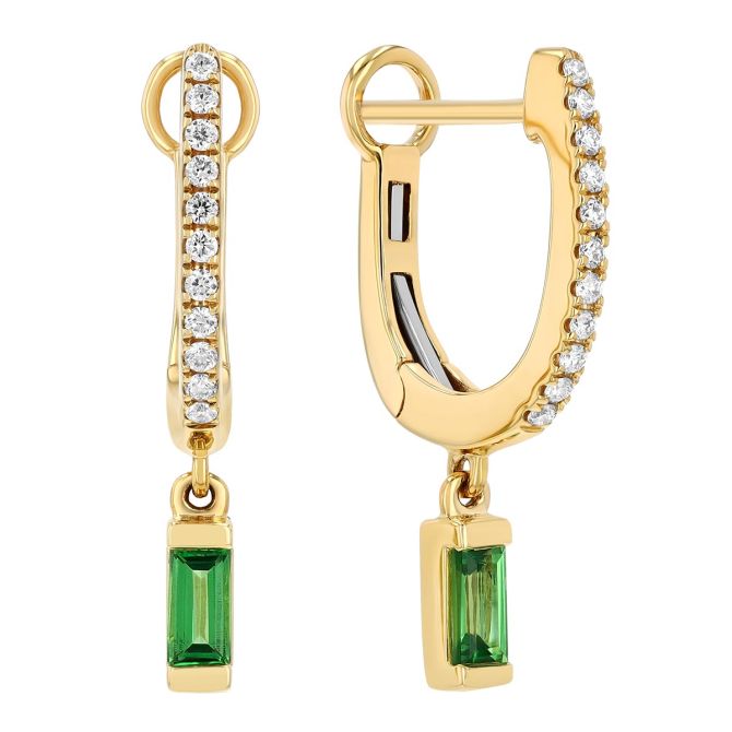 Baguette Cut Tsavorite Garnet Dangle & Diamond Huggie Hoop Earrings in Yellow Gold