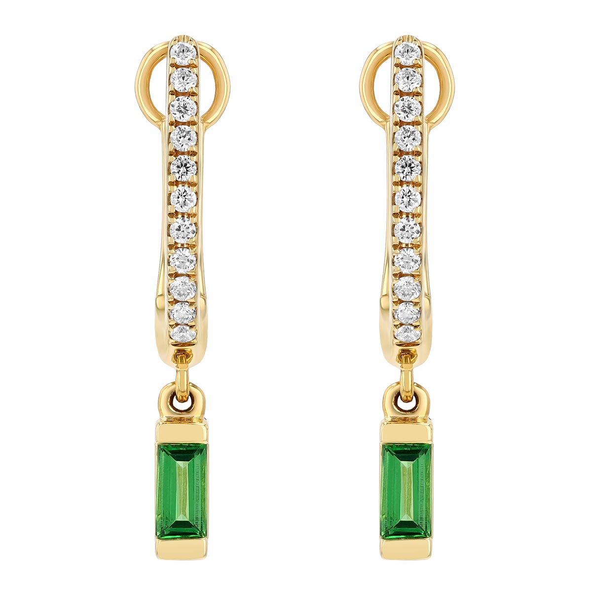 Baguette Cut Tsavorite Garnet Dangle & Diamond Huggie Hoop Earrings in Yellow Gold