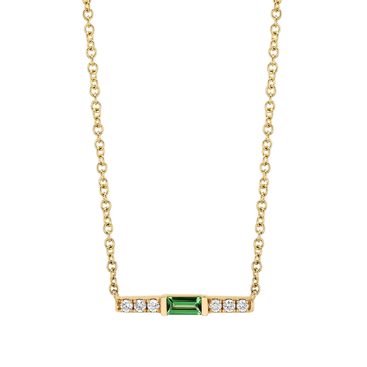 Baguette Cut Tsavorite Garnet & Diamond Bar Necklace in Yellow Gold