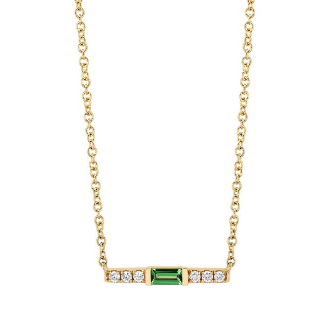Baguette Cut Tsavorite Garnet & Diamond Bar Necklace in Yellow Gold