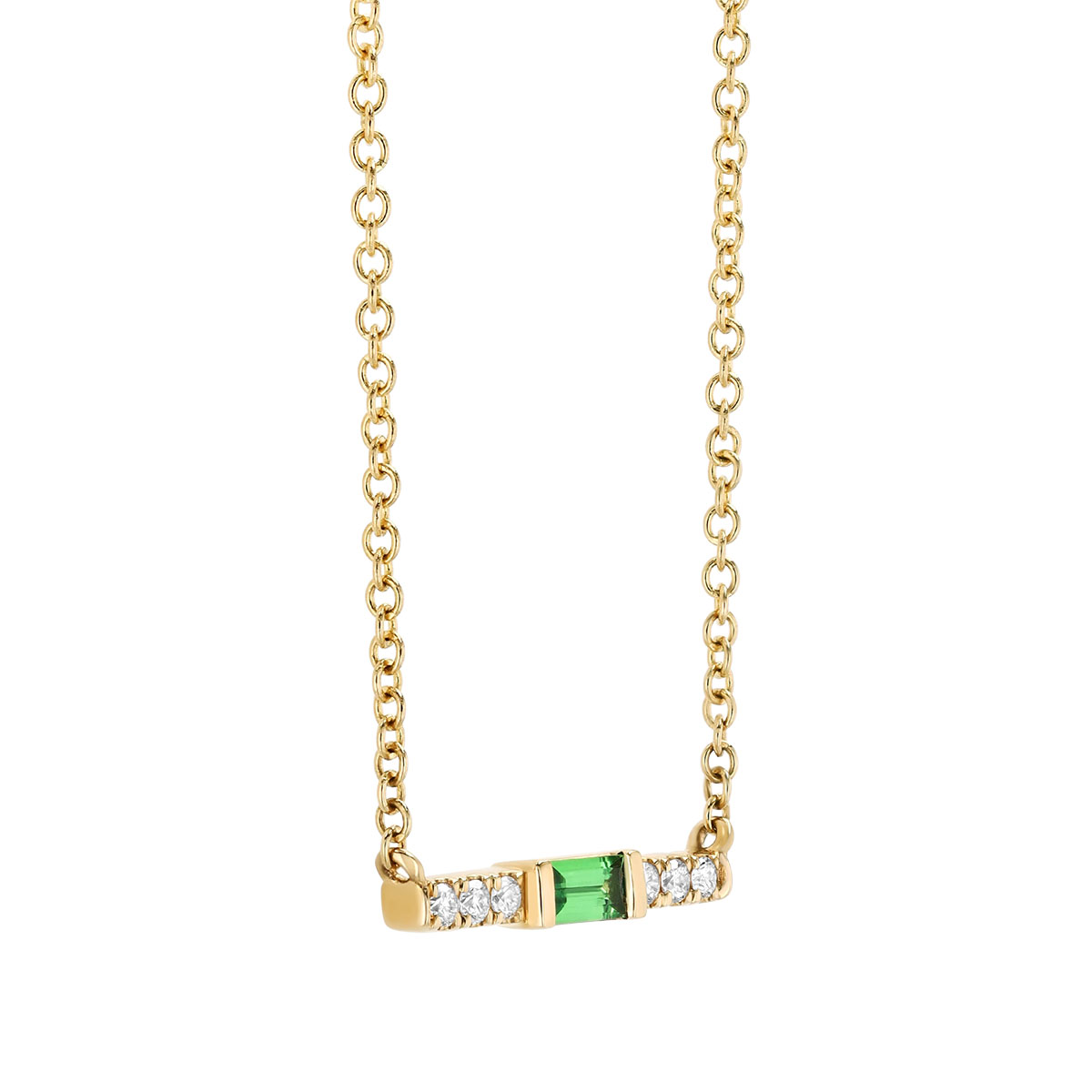 Baguette Cut Tsavorite Garnet & Diamond Bar Necklace in Yellow Gold