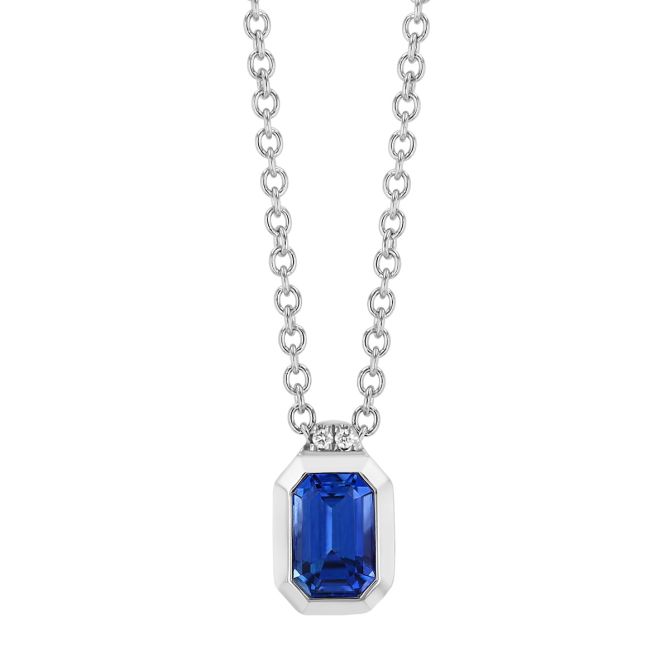 Bezel Set Emerald Cut Sapphire & Diamond Pendant in White Gold,18"