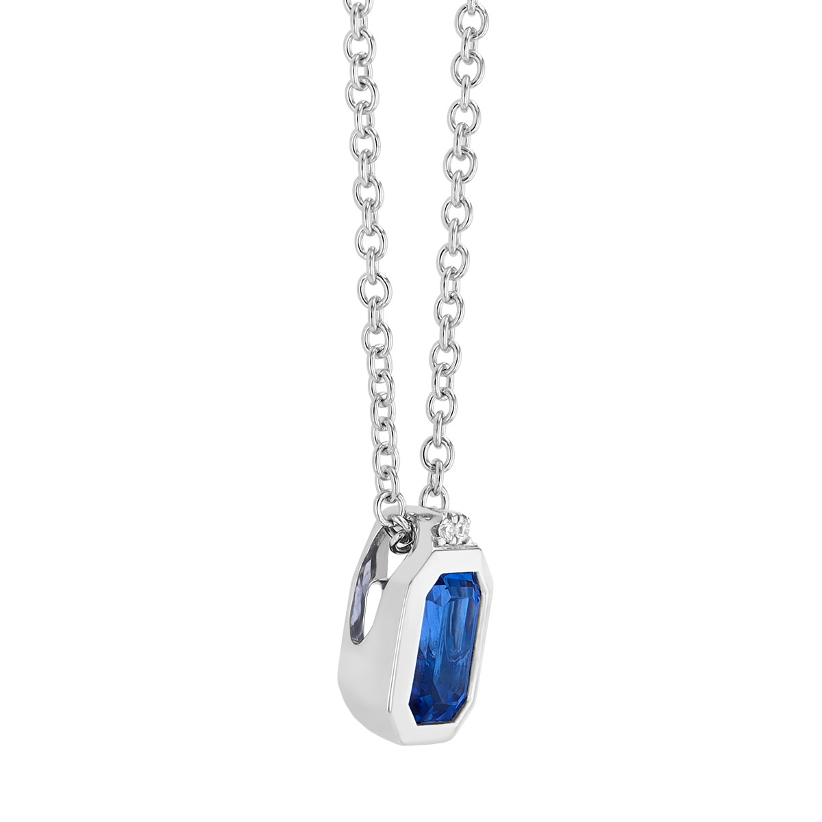 Bezel Set Emerald Cut Sapphire & Diamond Pendant in White Gold,18