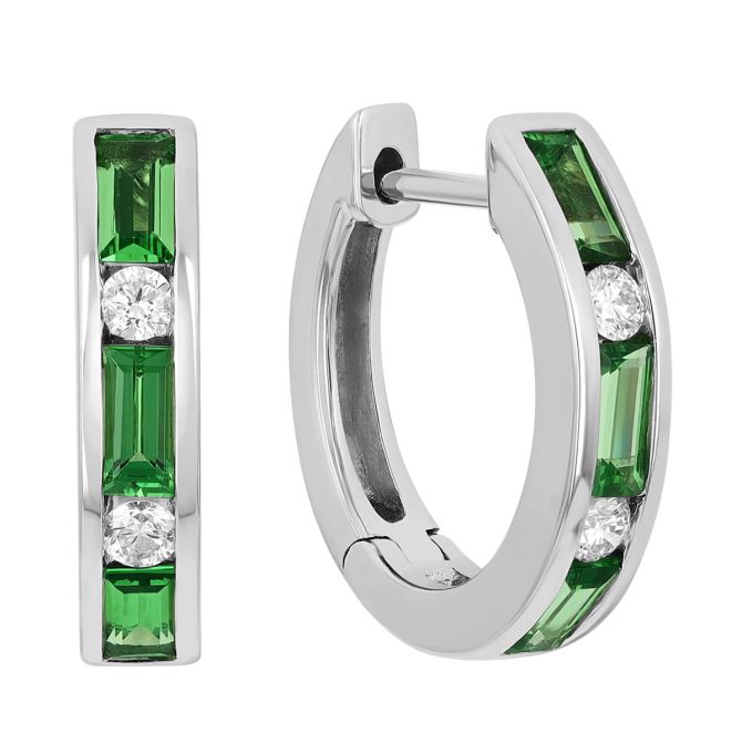 Baguette Cut Tsavorite Garnet & Round Diamond Channel Set Huggie Hoop Earrings in White Gold
