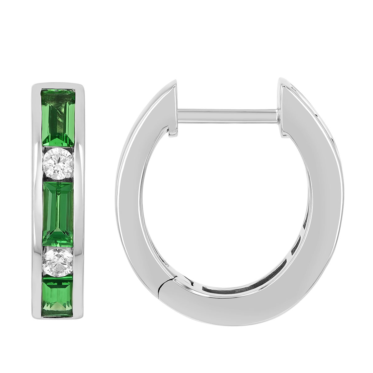 Baguette Cut Tsavorite Garnet & Round Diamond Channel Set Huggie Hoop Earrings in White Gold
