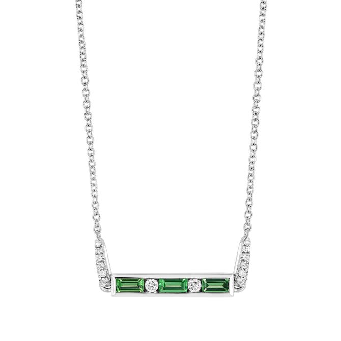 Baguette Cut Tsavorite Garnet & Round Diamond Channel Set Bar Necklace in White Gold