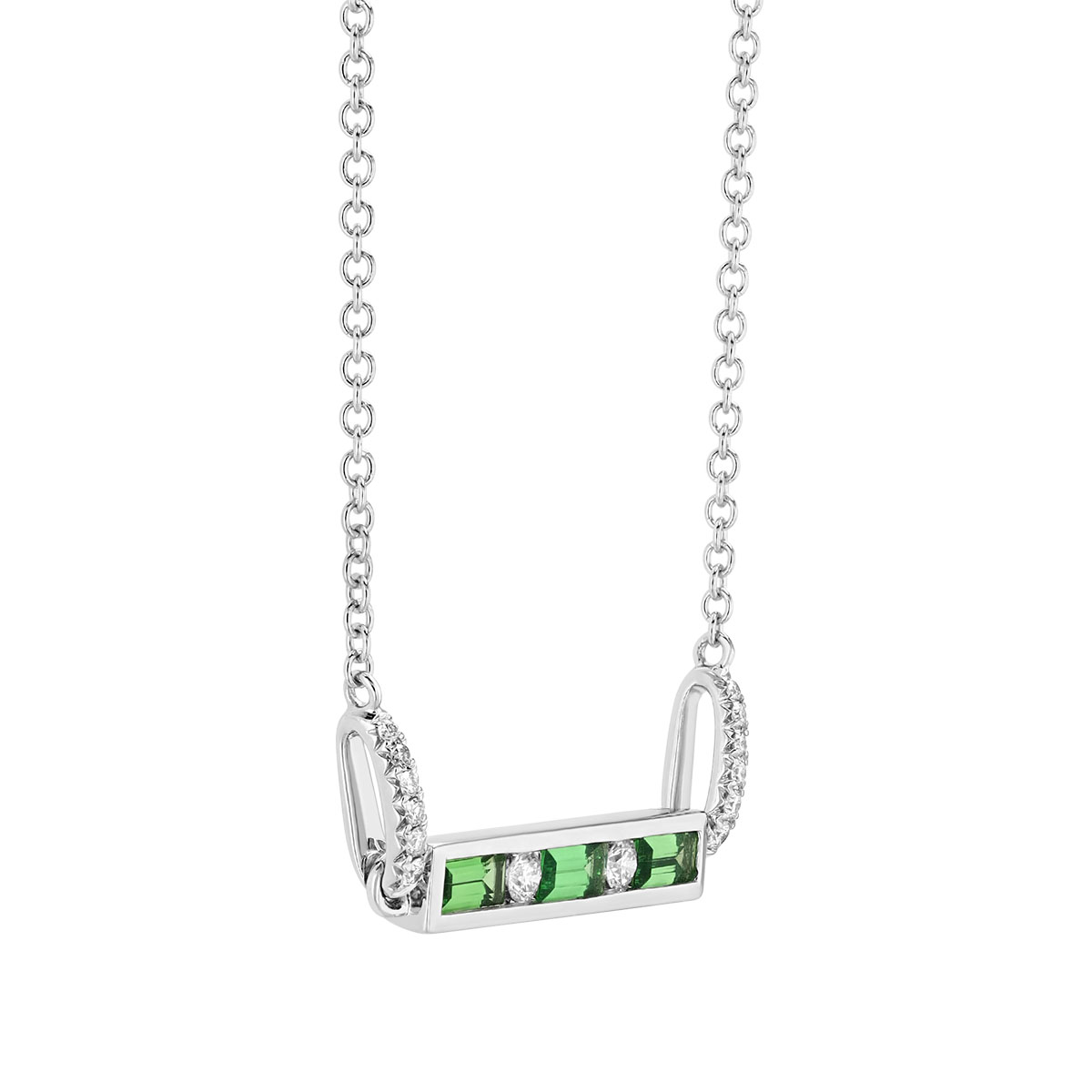 Baguette Cut Tsavorite Garnet & Round Diamond Channel Set Bar Necklace in White Gold