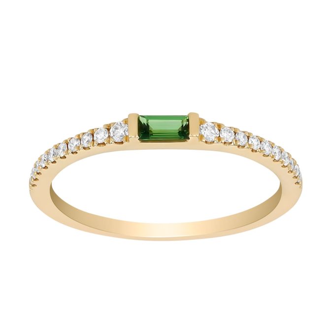 Baguette Cut Tsavorite Garnet & Diamond Ring in Yellow Gold
