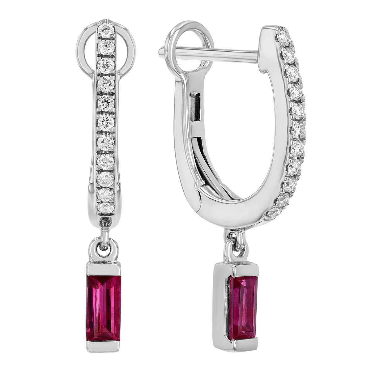 Baguette Cut Ruby Dangle & Diamond Huggie Hoop Earrings in White Gold