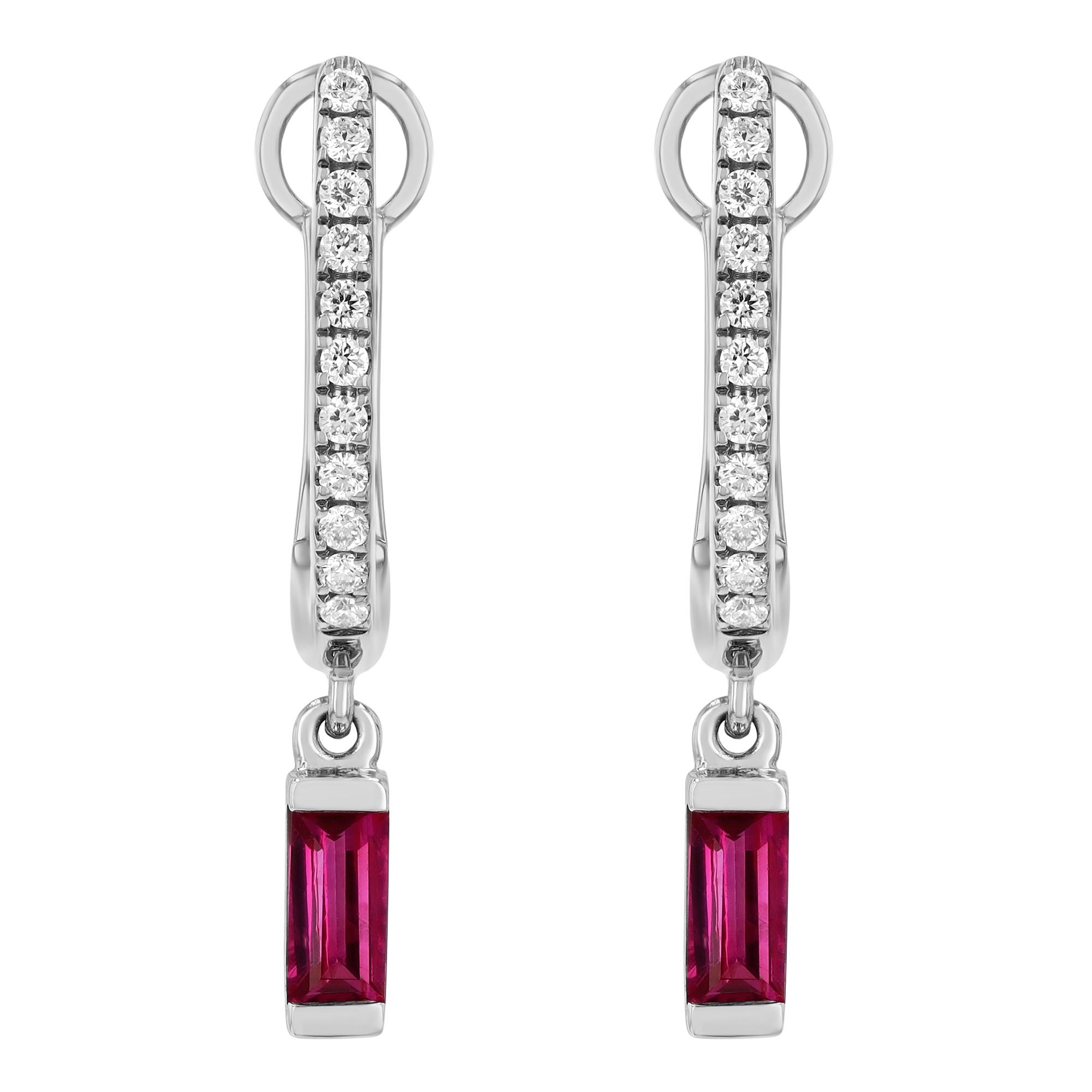 Baguette Cut Ruby Dangle & Diamond Huggie Hoop Earrings in White Gold