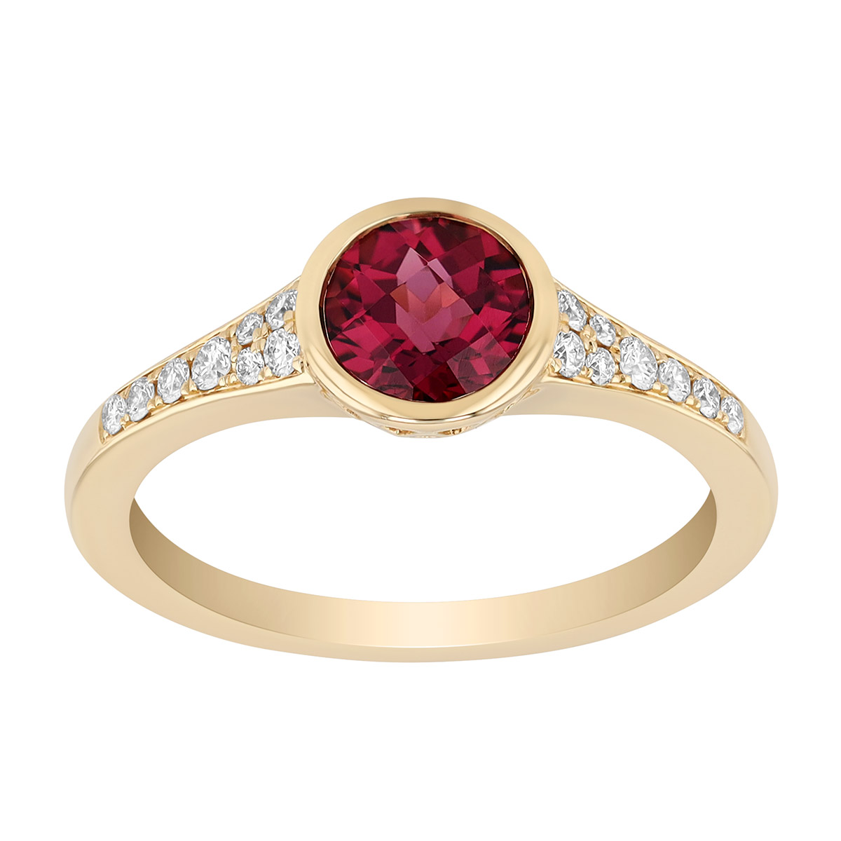 Bezel Set Round Rhodolite Garnet & Diamond Ring in Yellow Gold