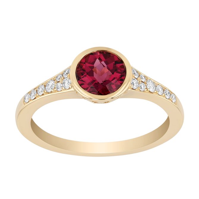 Bezel Set Round Rhodolite Garnet & Diamond Ring in Yellow Gold