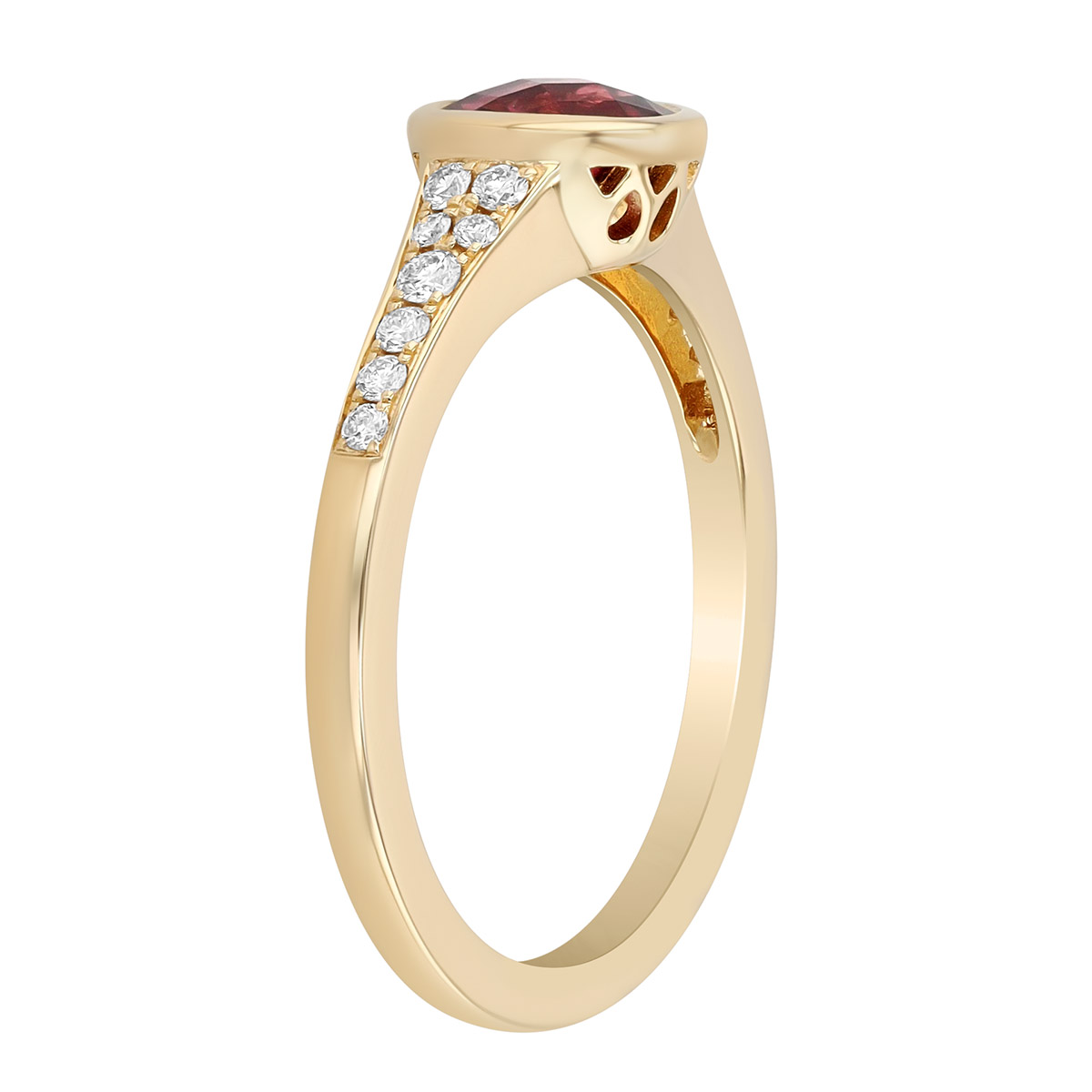 Bezel Set Round Rhodolite Garnet & Diamond Ring in Yellow Gold