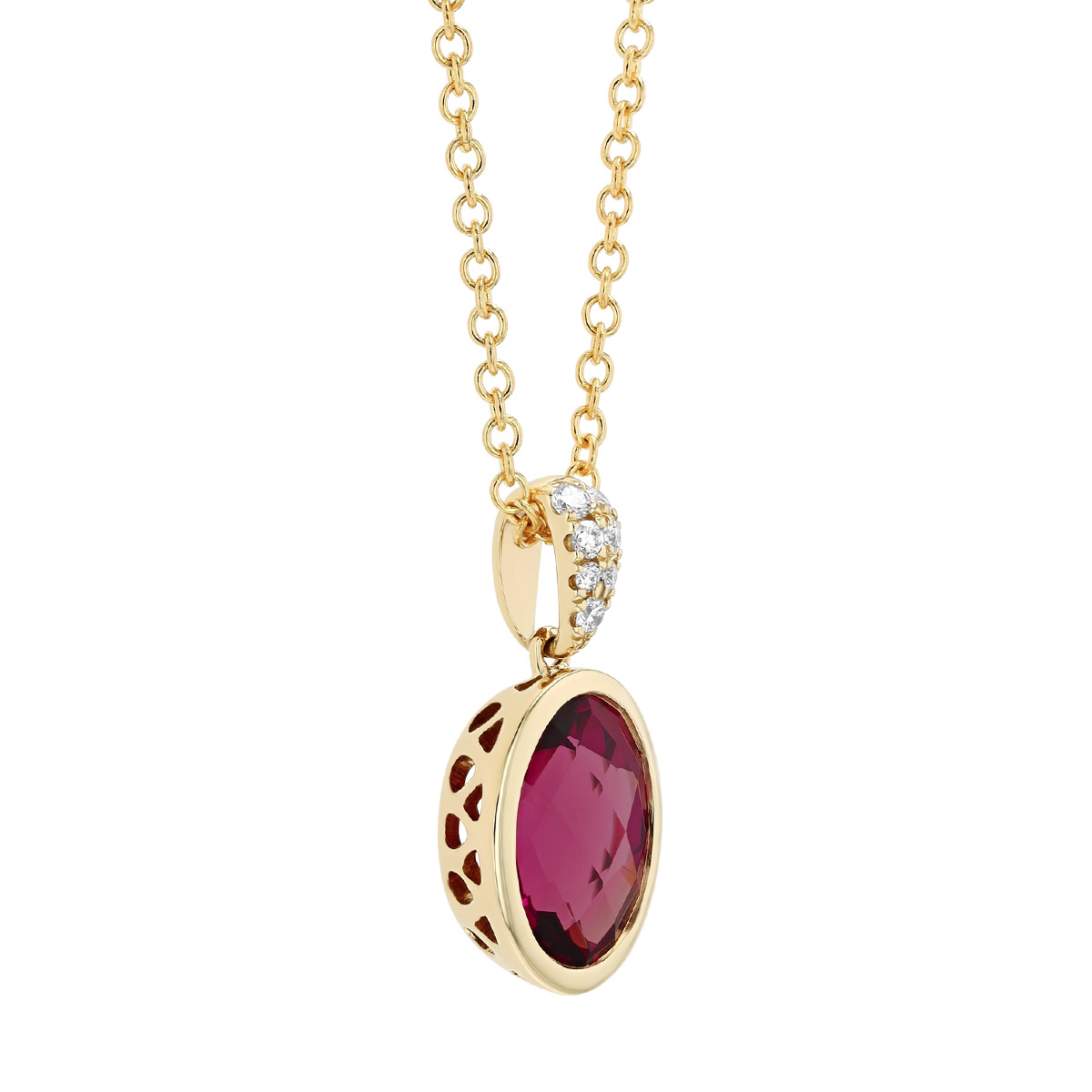 Bezel Set Oval Checkerboard Rhodolite Garnet & Diamond Pendant in Yellow Gold, 18