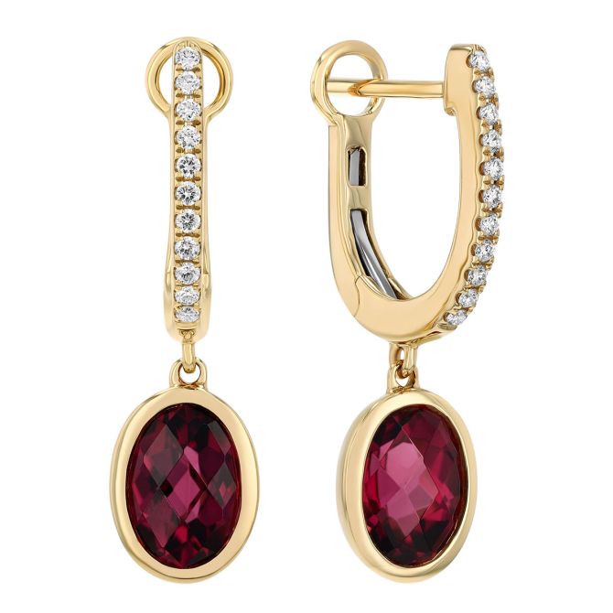 Bezel Set Oval Checkerboard Rhodolite Garnet & Diamond Huggie Hoop Earrings in Yellow Gold