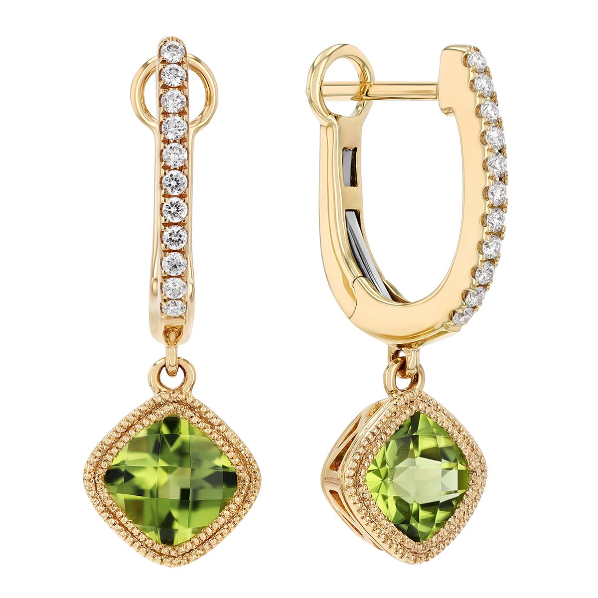 Bezel Set Cushion Checkerboard Peridot Dangle & Diamond Huggie Hoop Earrings in Yellow Gold