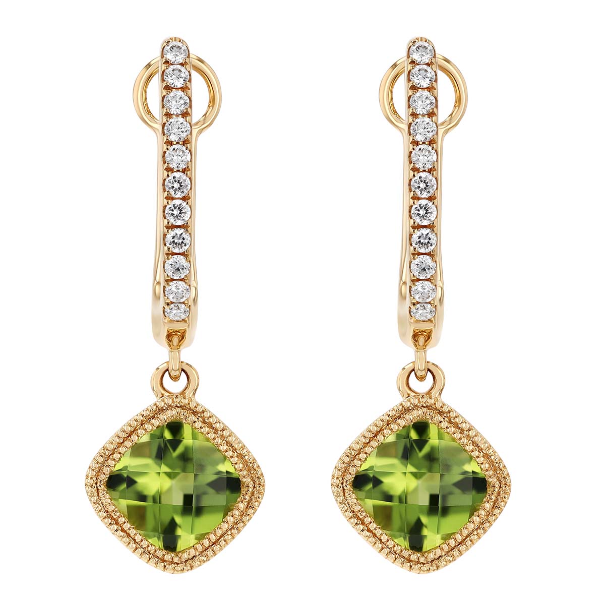 Bezel Set Cushion Checkerboard Peridot Dangle & Diamond Huggie Hoop Earrings in Yellow Gold