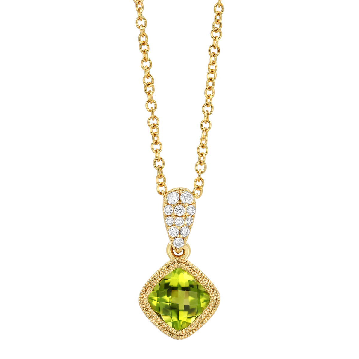Bezel Set Cushion Checkerboard Peridot & Diamond Pavé Pendant in Yellow Gold, 18