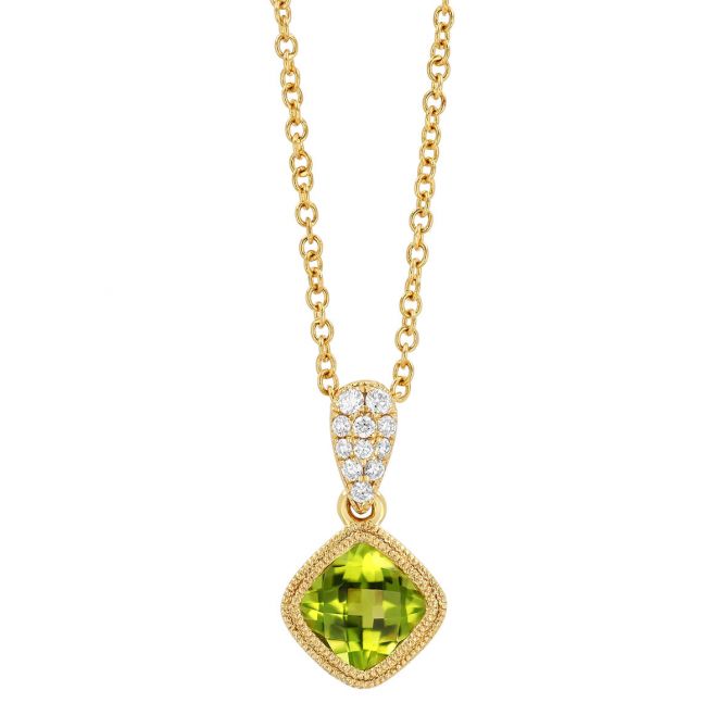 Bezel Set Cushion Checkerboard Peridot & Diamond Pavé Pendant in Yellow Gold, 18"
