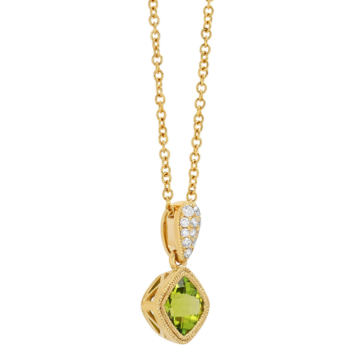 Bezel Set Cushion Checkerboard Peridot & Diamond Pavé Pendant in Yellow Gold, 18