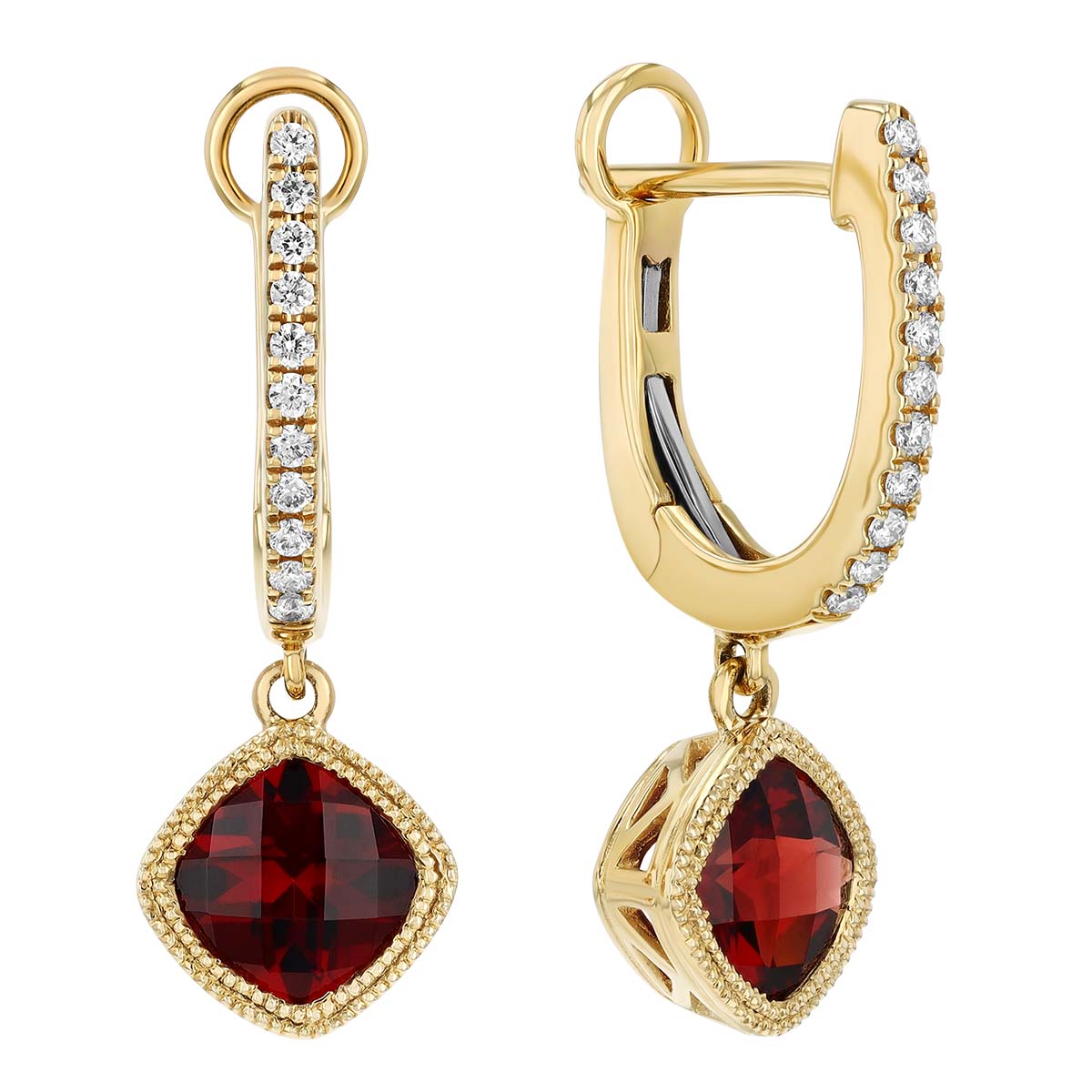 Bezel Set Cushion Checkerboard Garnet Dangle & Diamond Huggie Hoop Earrings in Yellow Gold