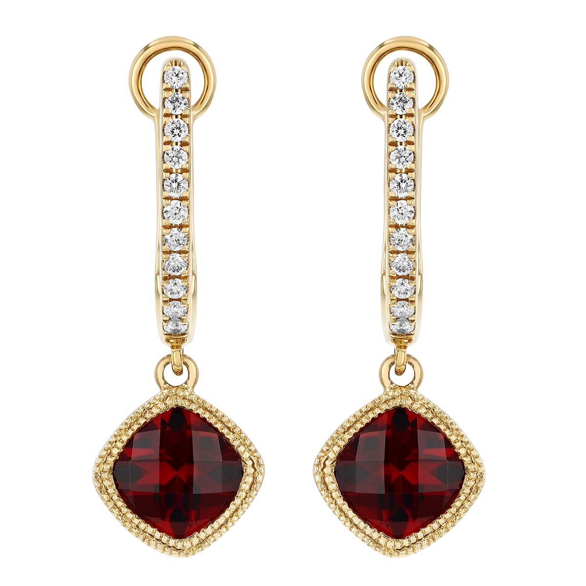 Bezel Set Cushion Checkerboard Garnet Dangle & Diamond Huggie Hoop Earrings in Yellow Gold