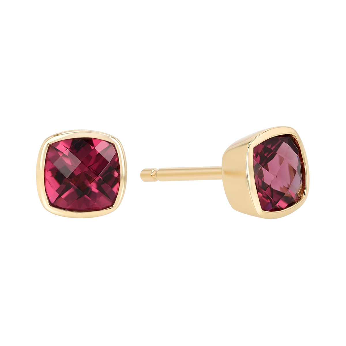 Bezel Set Cushion Checkerboard Rhodolite Garnet Stud Earrings in Yellow Gold