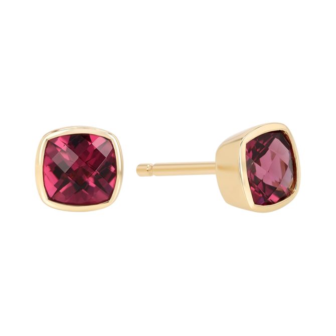 Bezel Set Cushion Checkerboard Rhodolite Garnet Stud Earrings in Yellow Gold