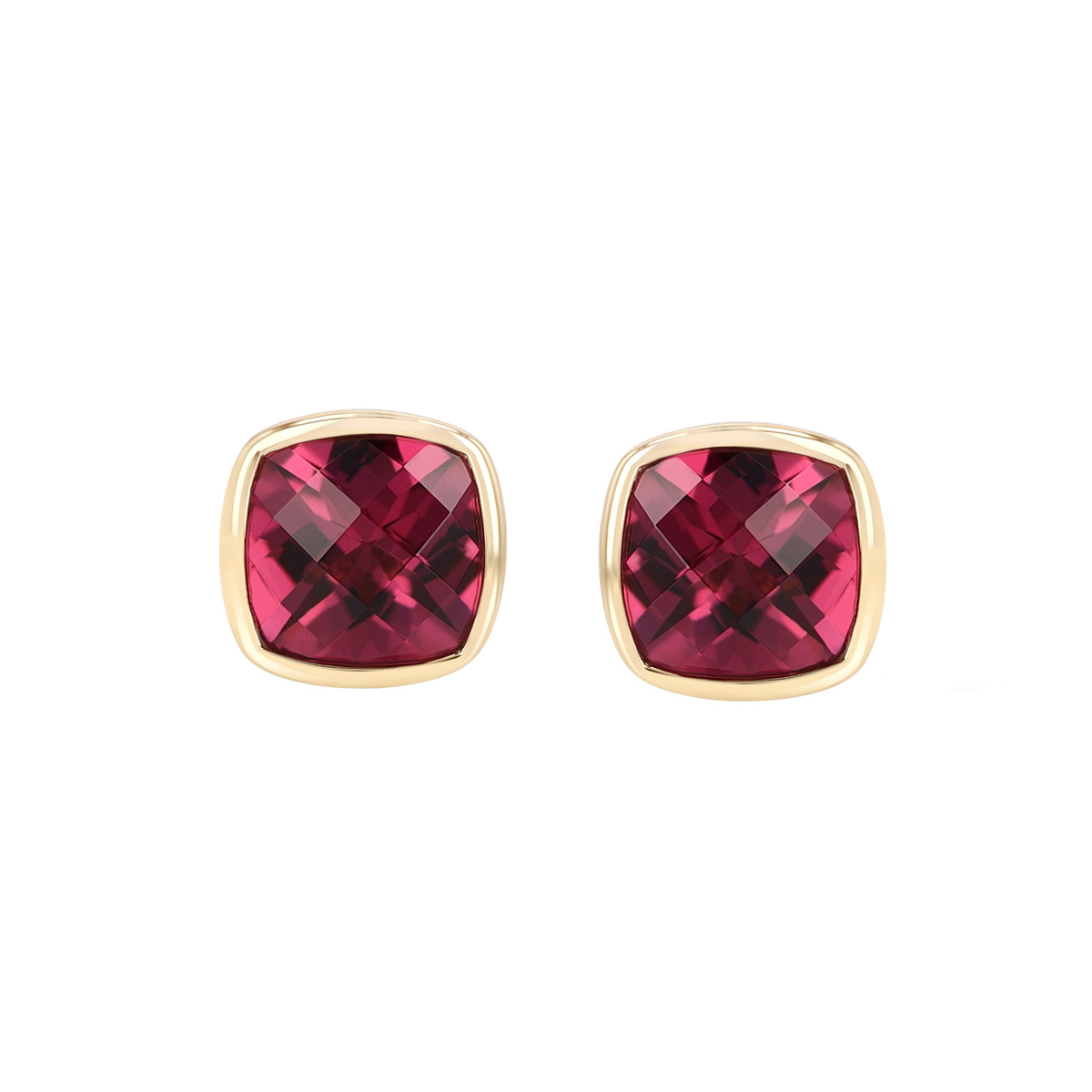 Bezel Set Cushion Checkerboard Rhodolite Garnet Stud Earrings in Yellow Gold