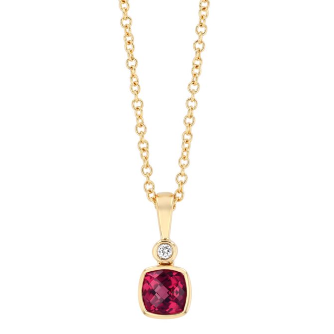 Bezel Set Cushion Checkerboard Rhodolite Garnet & Diamond Pendant in Yellow Gold, 18"
